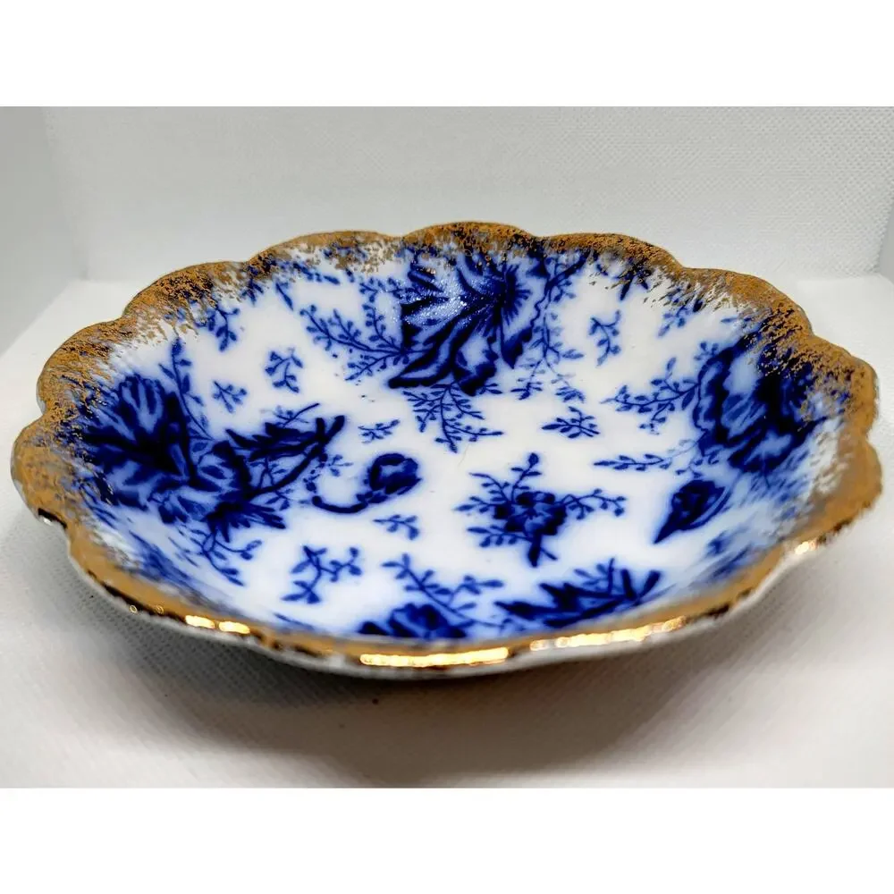 Antique Warwick Flow Blue Pansy Pattern 4 Dessert Bowls Gold Gilt Scalloped Edge